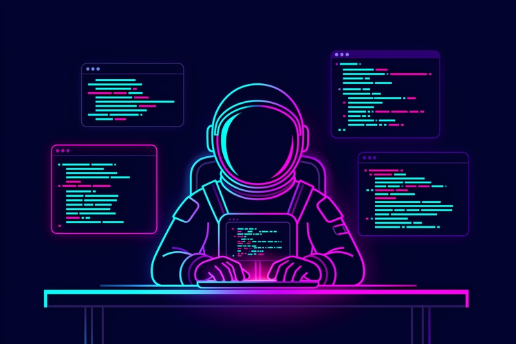 A neon-outlined astronaut sits at a desk typing on a laptop, surrounded by four floating code editor windows glowing in cyan and magenta against a deep black background.