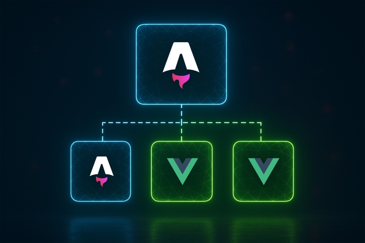Visual representation of Astro and Vue.js integration. The top glowing node features the Astro logo, branching downward to three child nodes—one with the Astro logo and two with the Vue.js logo—symbolizing client-side routing within an Astro SSR (Server-Side Rendering) app using Vue components. The diagram is styled with neon blue and green outlines on a dark digital background.